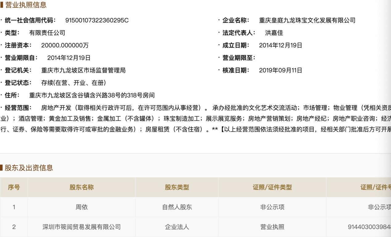 皇庭集团退出重庆皇庭珠宝公司 部分股权已出质予中植系 潮商资讯 图1张